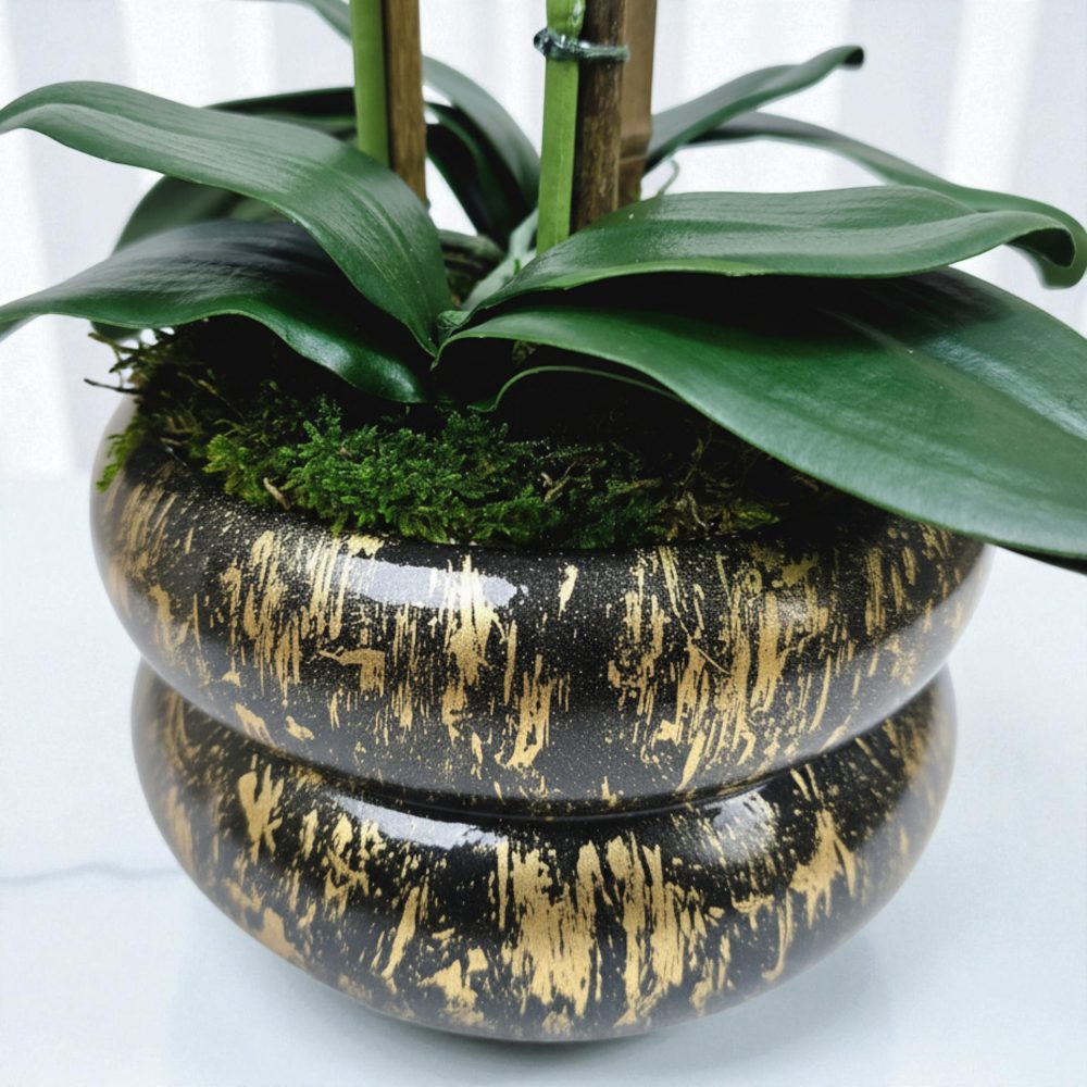 Arranjo de orquídeas em vaso de cerâmica preto e dourado Lumina - Image 2