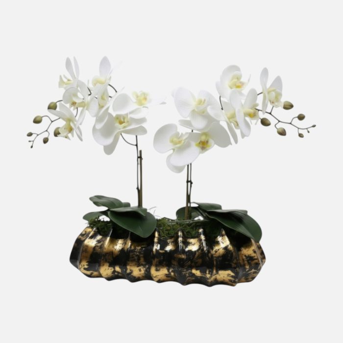 Arranjo de orquídeas em vaso de cerâmica preto e dourado Caravela