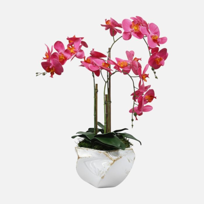 Arranjo de orquídeas em vaso de cerâmica branco e dourado Imperial - Rosa Escuro