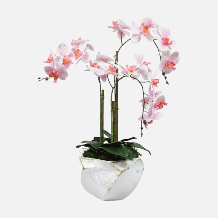 Arranjo de orquídeas em vaso de cerâmica branco e dourado Imperial - Rosa Claro