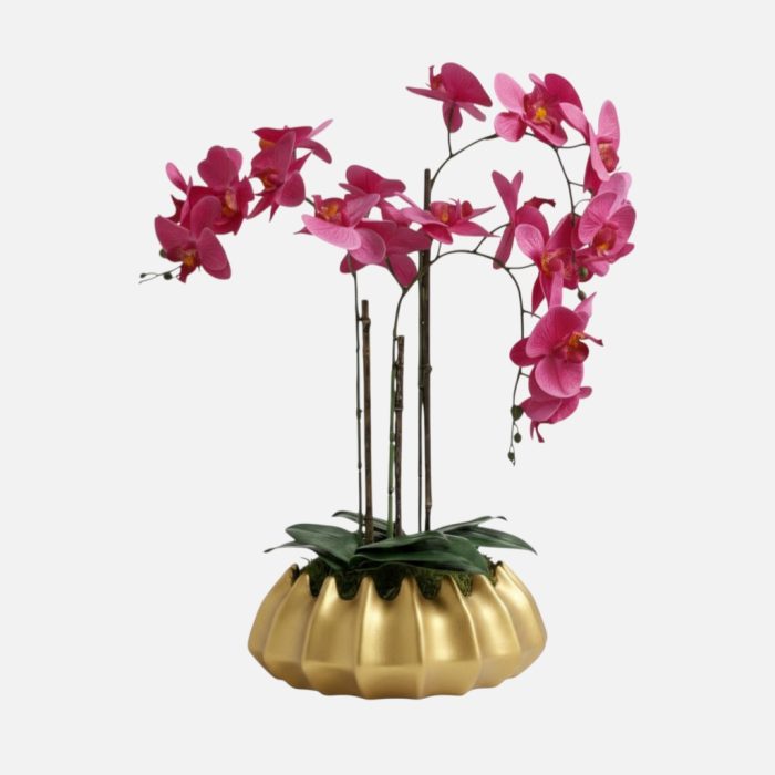 Arranjo de orquídeas em vaso de cerâmica dourado Atlântico - Rosa Escuro