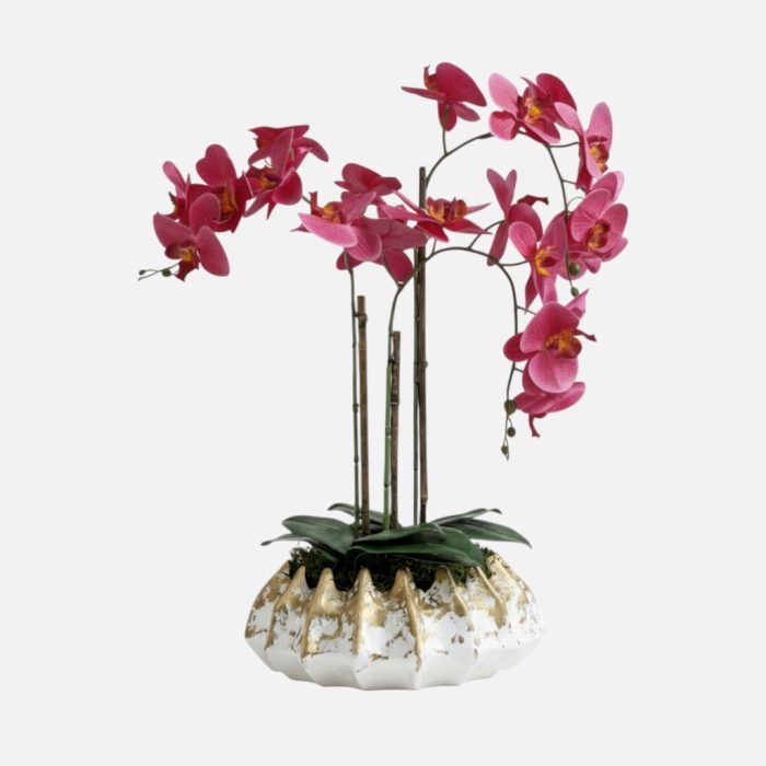 Arranjo de orquídeas em vaso de cerâmica branco e dourado Atlântico - Rosa Escuro