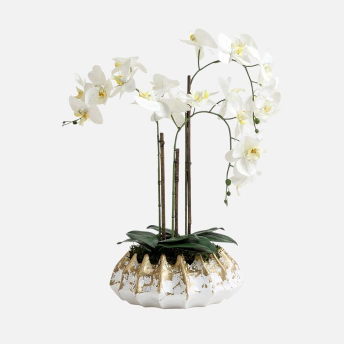 Arranjo de orquídeas em vaso de cerâmica branco e dourado Atlântico