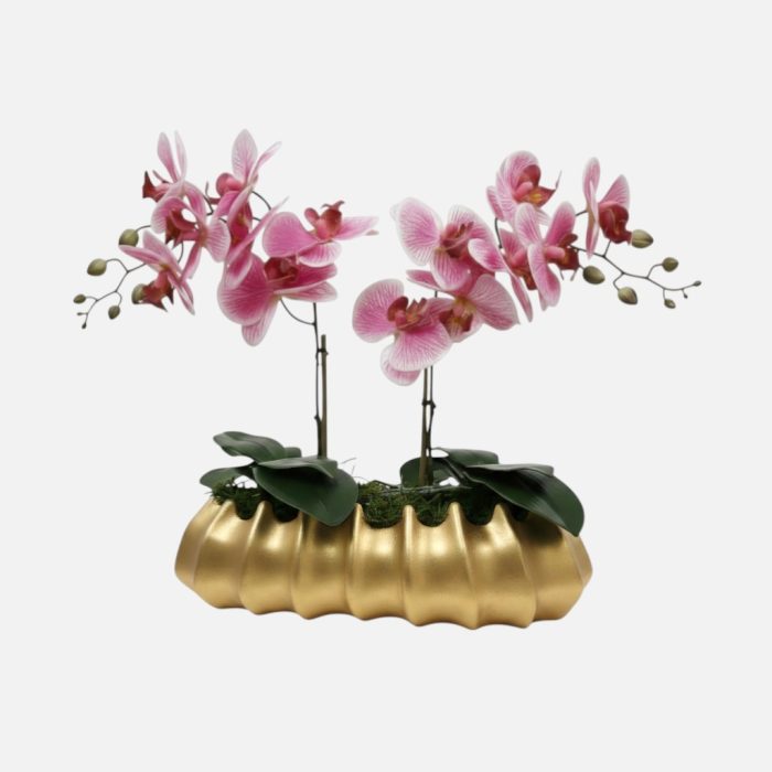 Arranjo de orquídeas em vaso de cerâmica dourado Caravela - Rosa Claro