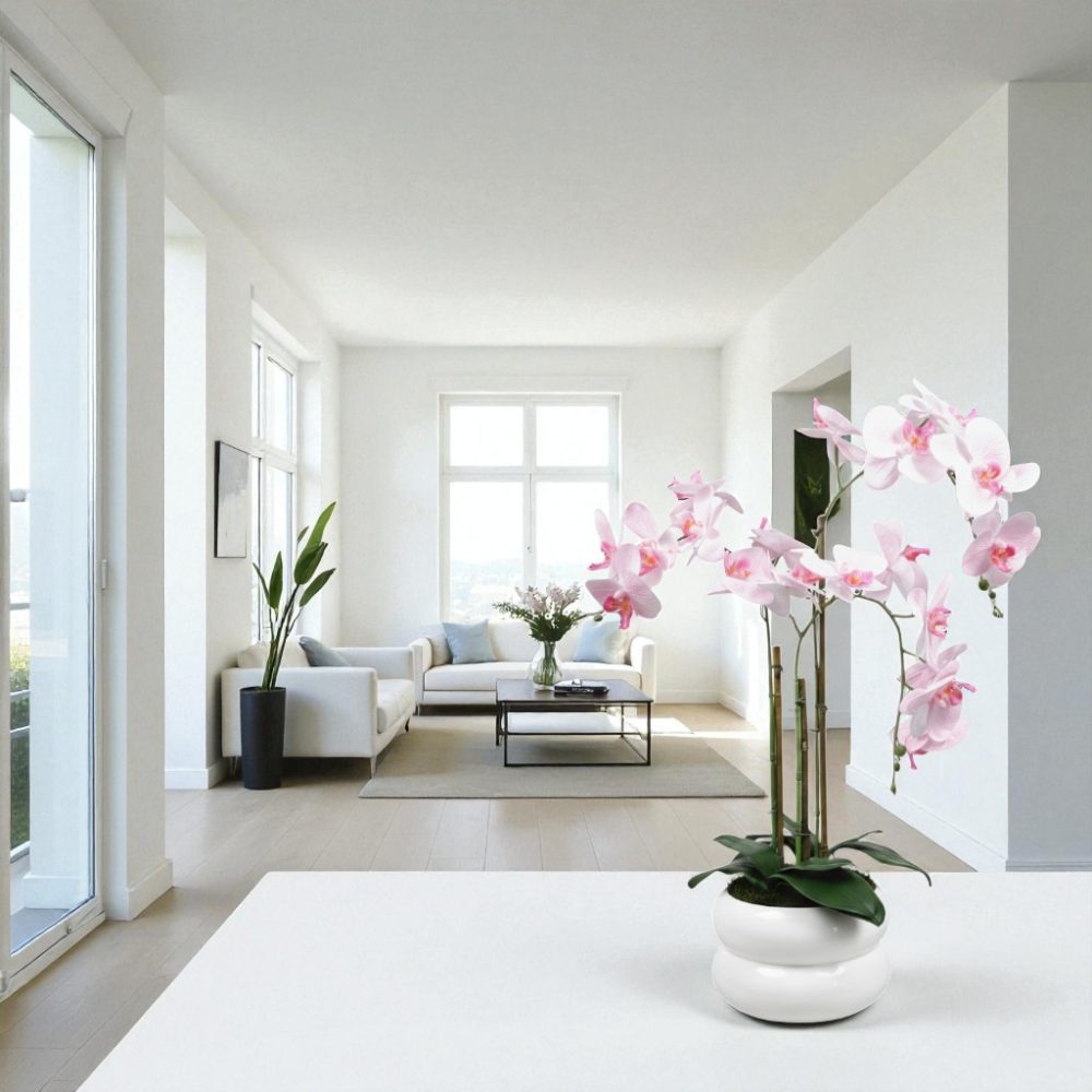 Arranjo de orquídeas em vaso de cerâmica branco Lumina - Image 5