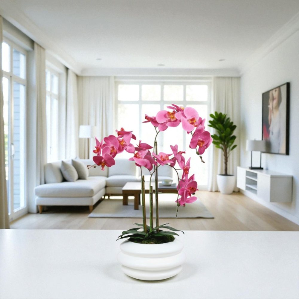 Arranjo de orquídeas em vaso de cerâmica branco Solene - Image 4