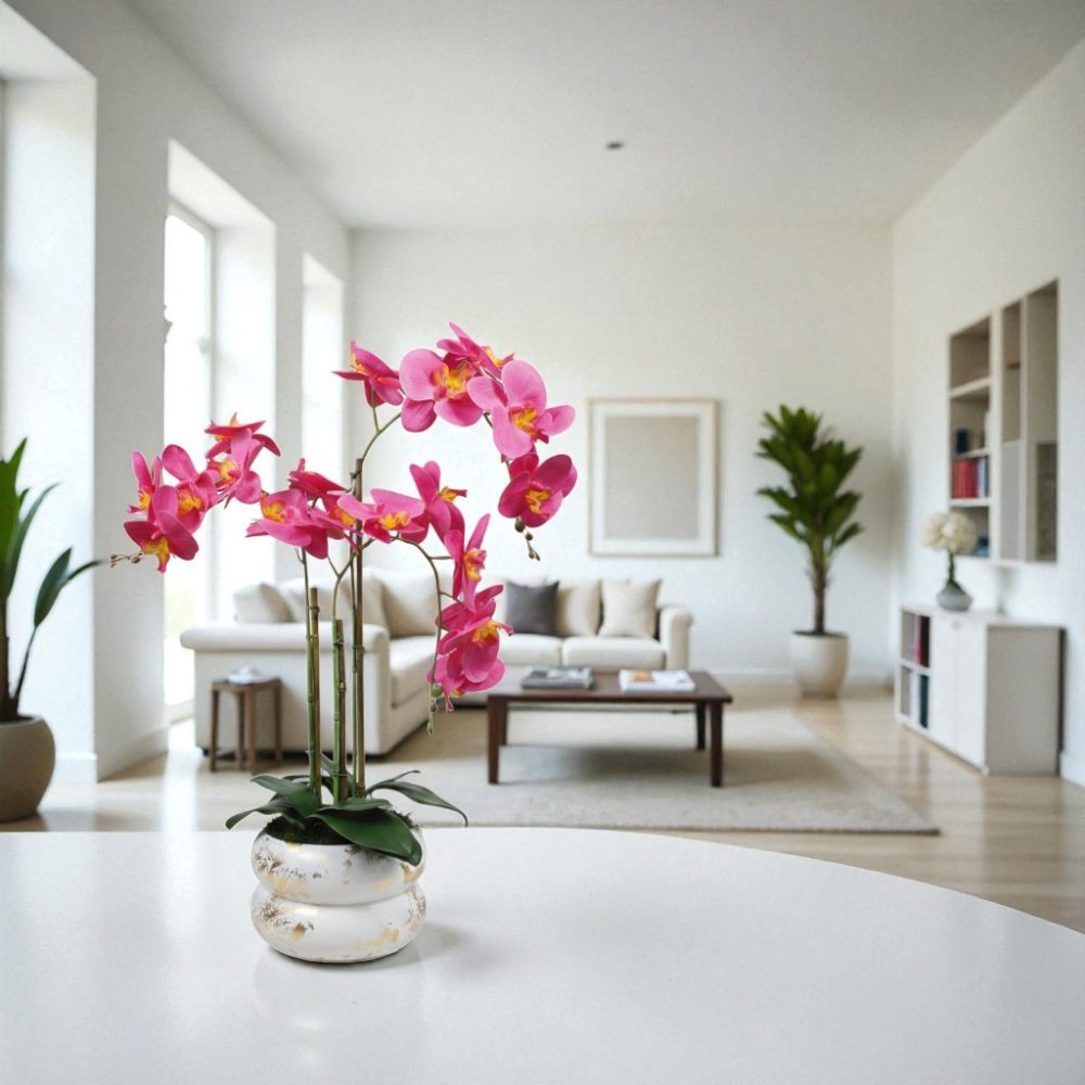 Arranjo de orquídeas em vaso de cerâmica branco e dourado Lumina - Image 4