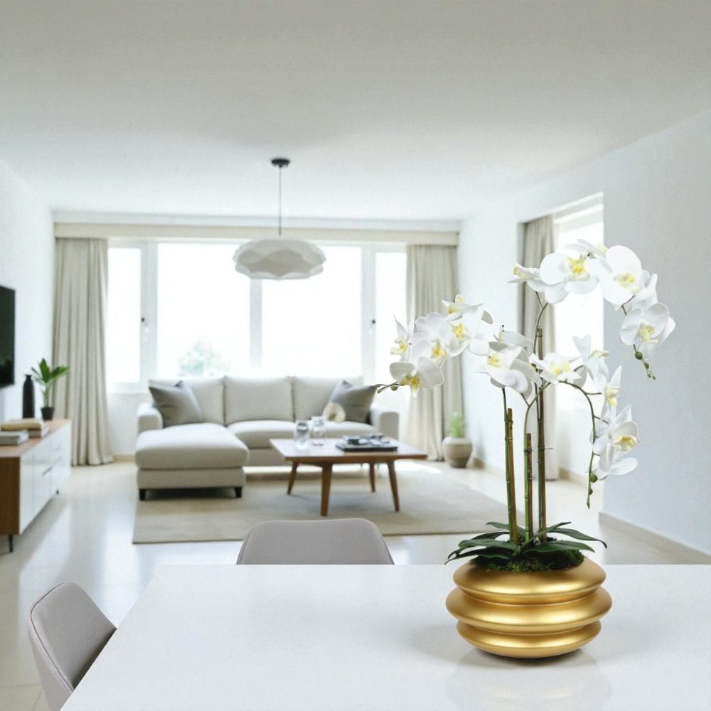 Arranjo de orquídeas em vaso de cerâmica dourado Solene - Image 4