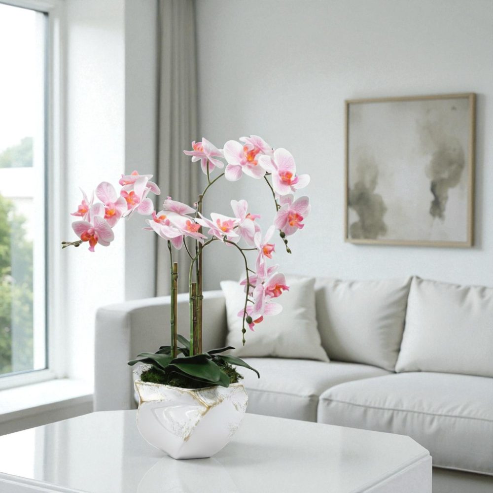 Arranjo de orquídeas em vaso de cerâmica branco e dourado Imperial - Image 4