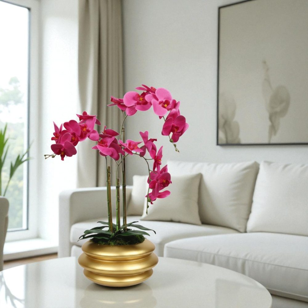 Arranjo de orquídeas em vaso de cerâmica dourado Solene - Image 5