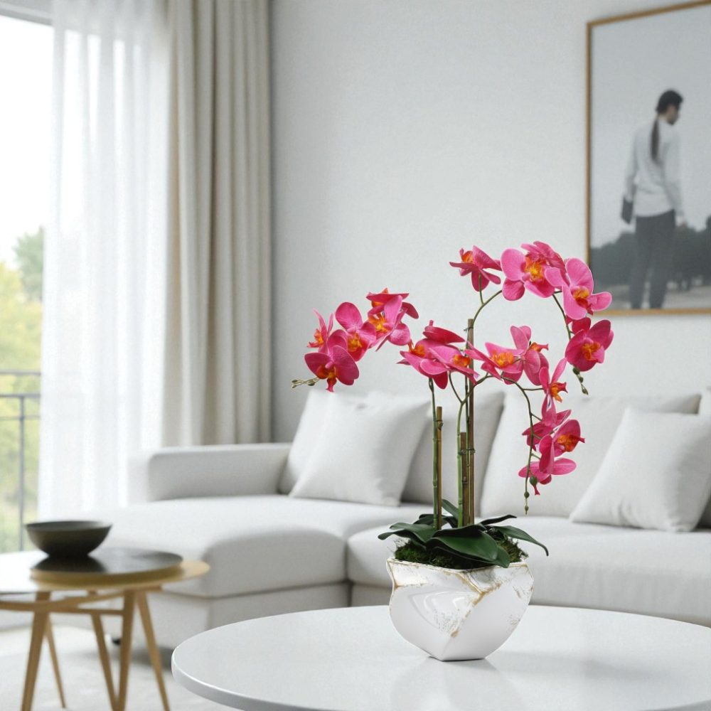 Arranjo de orquídeas em vaso de cerâmica branco e dourado Imperial - Image 5