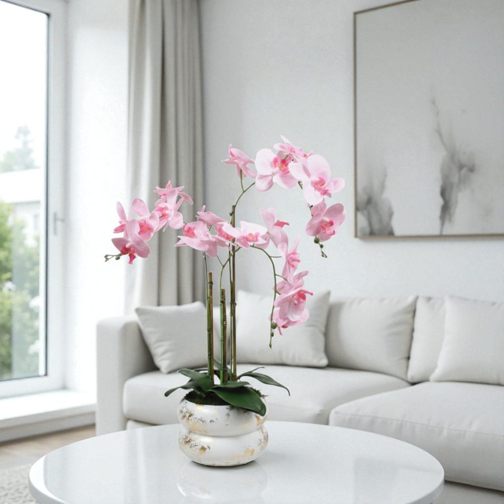 Arranjo de orquídeas em vaso de cerâmica branco e dourado Lumina - Image 5