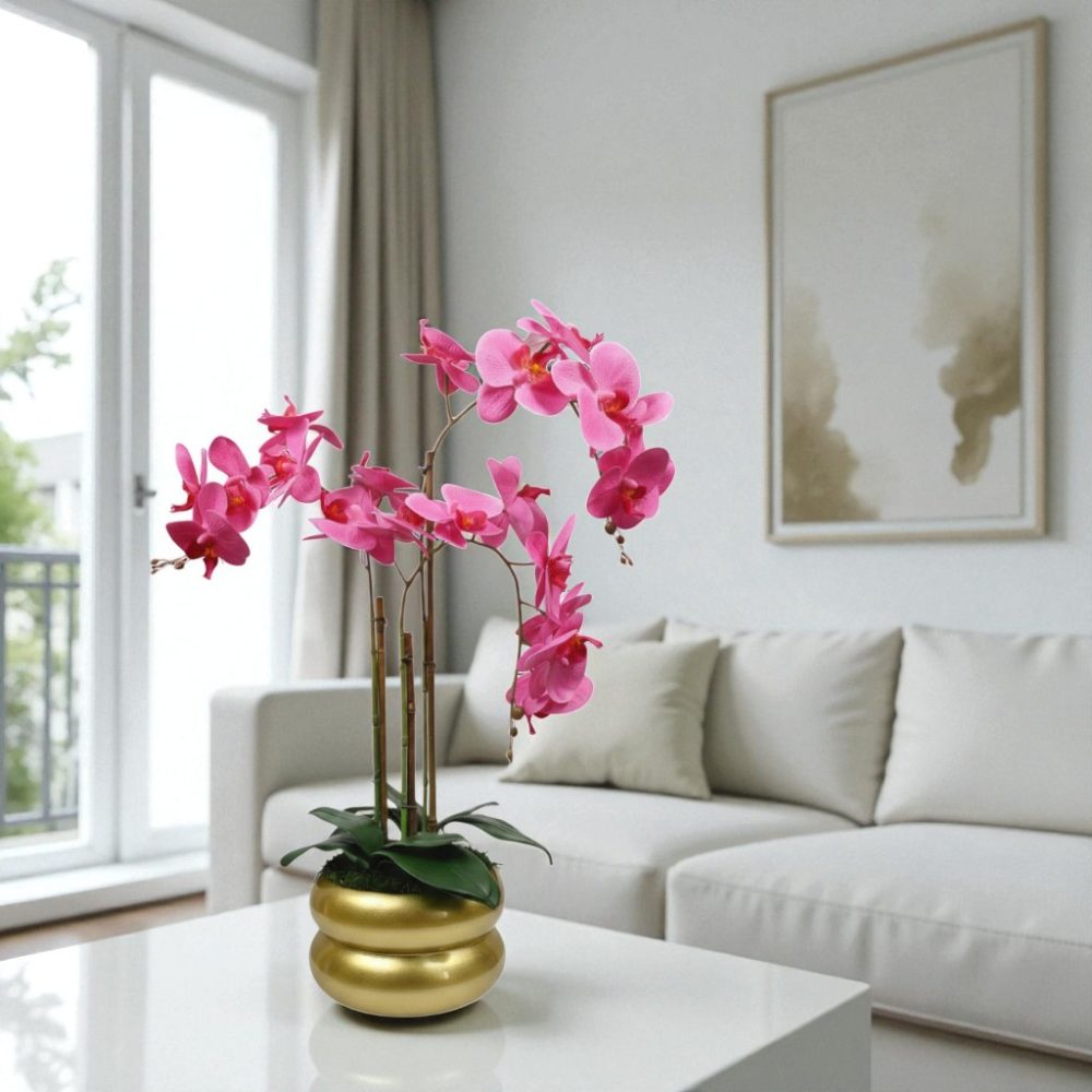 Arranjo de orquídeas em vaso de cerâmica dourado Lumina - Image 3