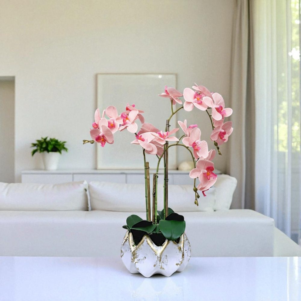 Arranjo de orquídeas em vaso de cerâmica branco e dourado Aurora - Image 5